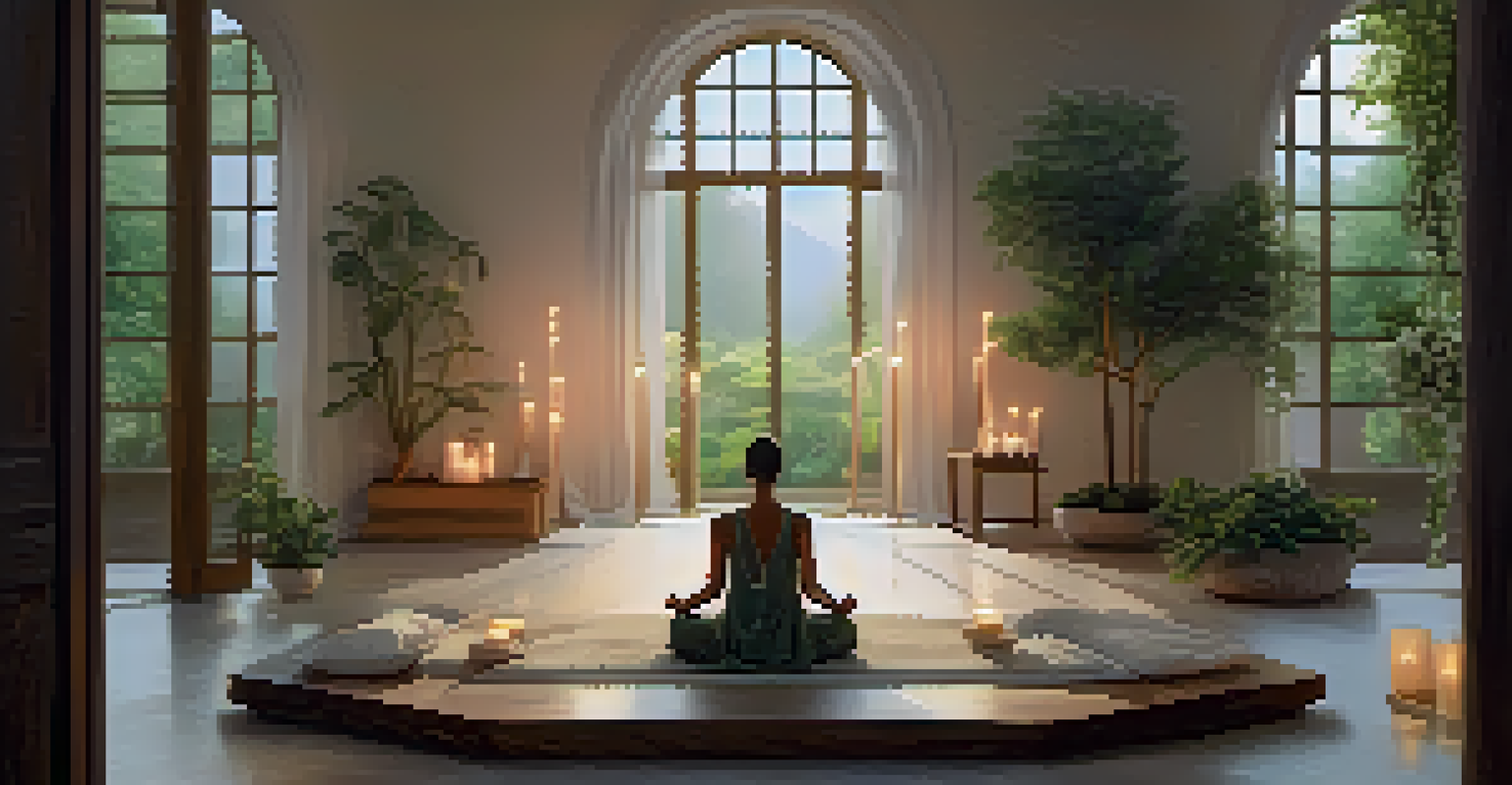 A peaceful meditation space with candles and a person meditating, surrounded by calming decor.