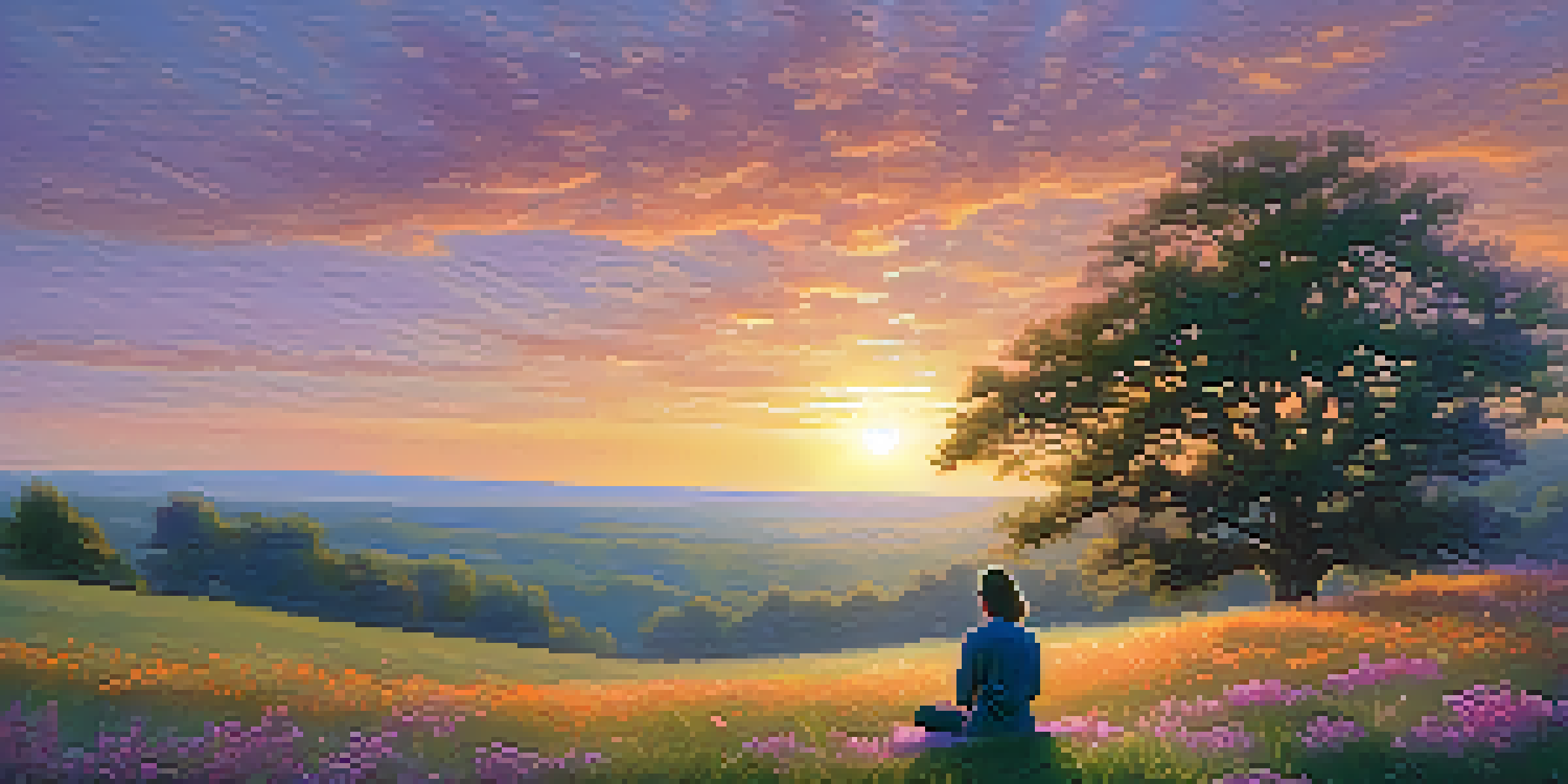 A person meditating on a grassy hill at sunset, surrounded by wildflowers, with a colorful sky and soft sunlight.