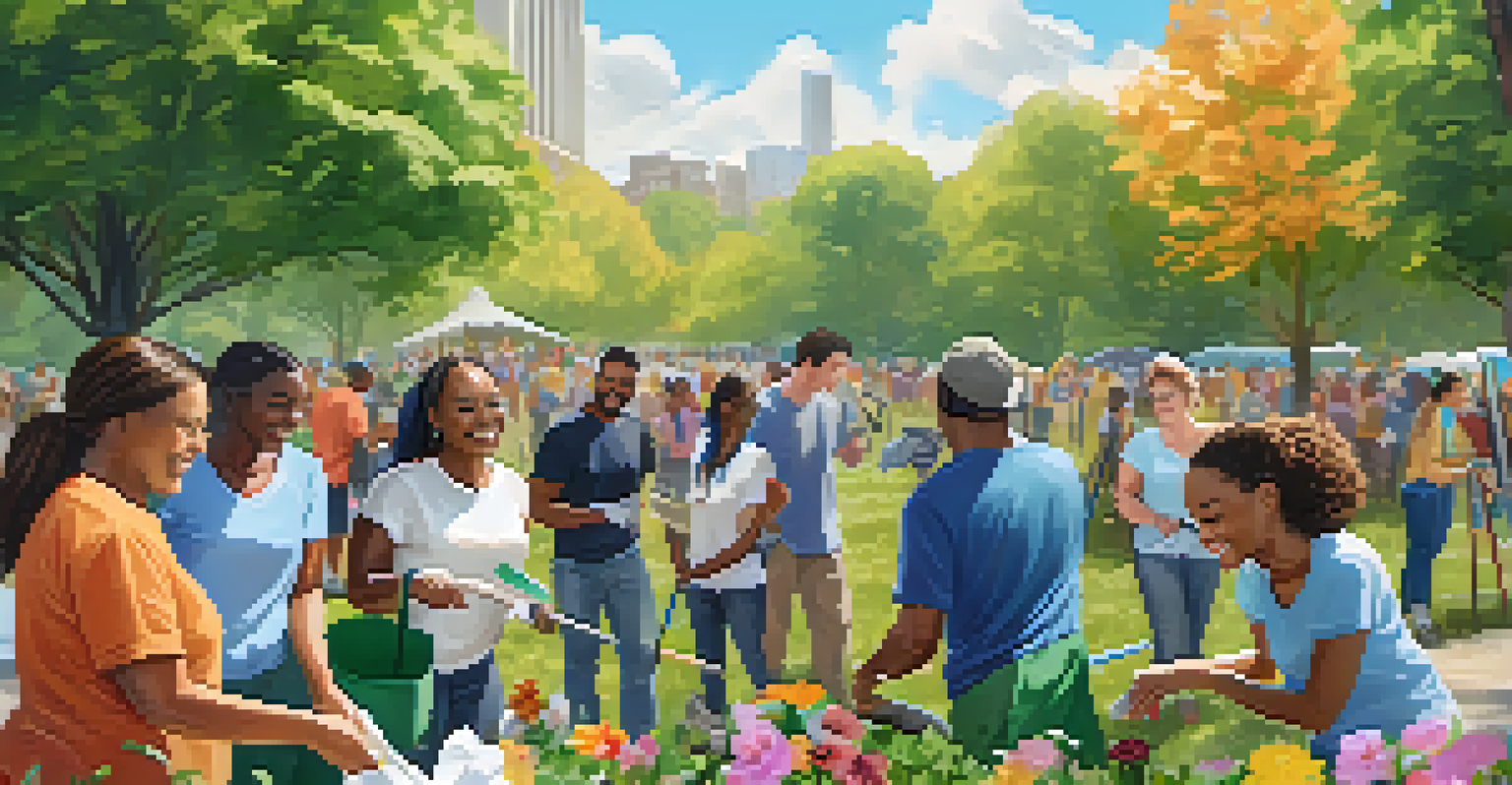 A diverse group of individuals participating in a community clean-up in a park, smiling and working together.