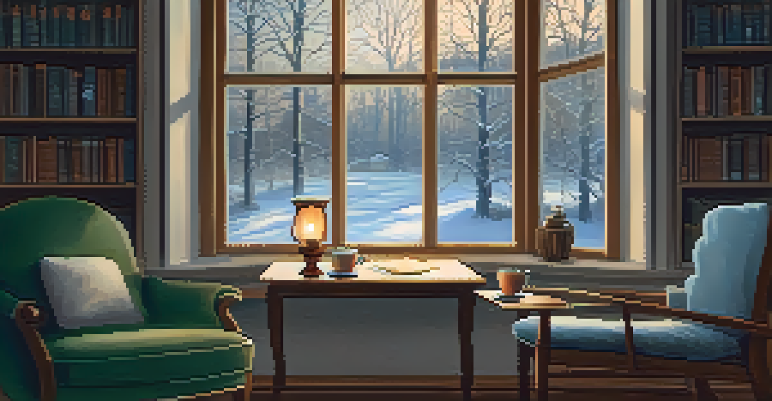 A cozy indoor space with a candlelit armchair, window showing snowfall, and a journal on the table.