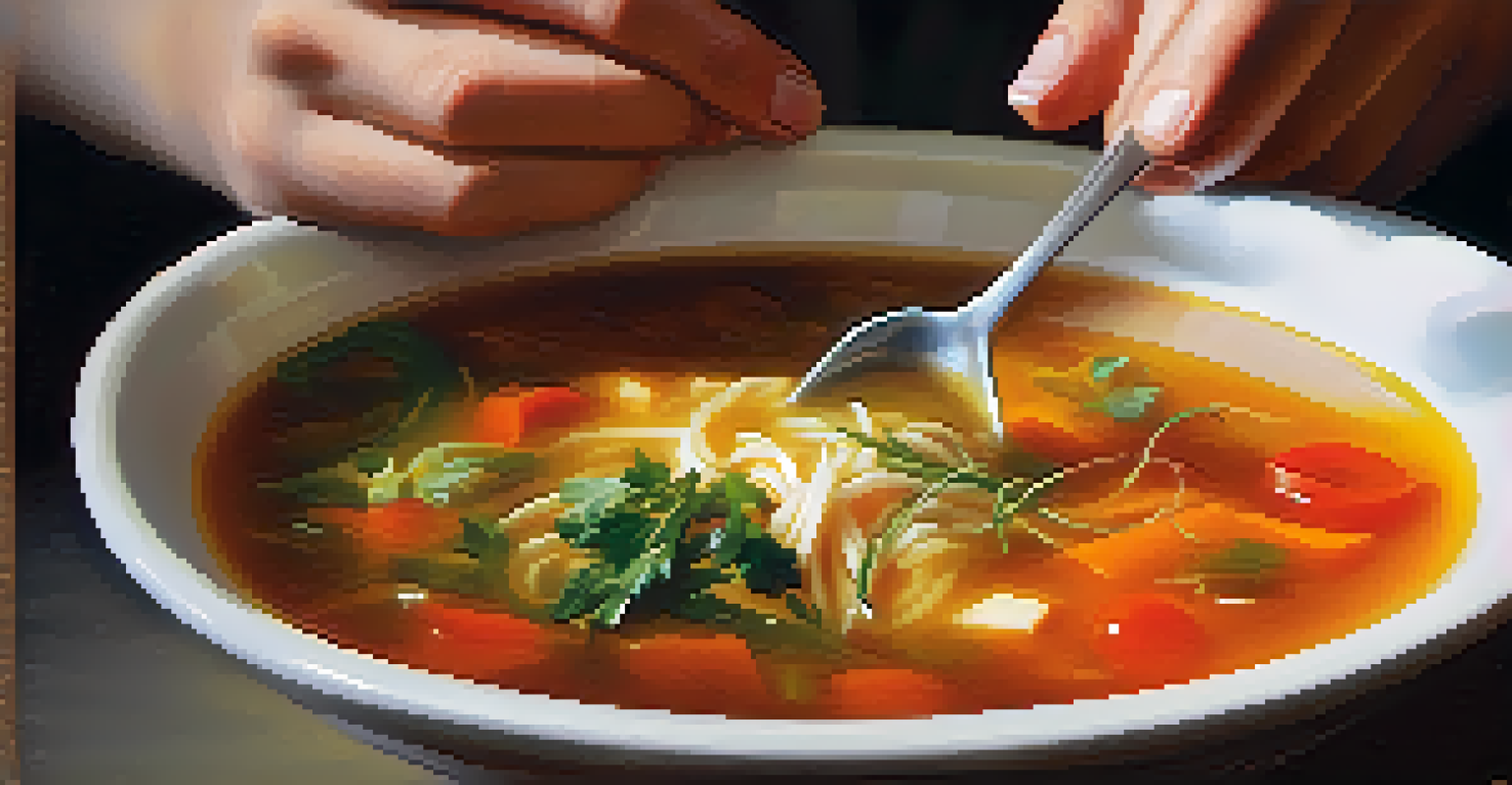A close-up of hands holding a bowl of soup with visible herbs and vegetables, creating a warm atmosphere.