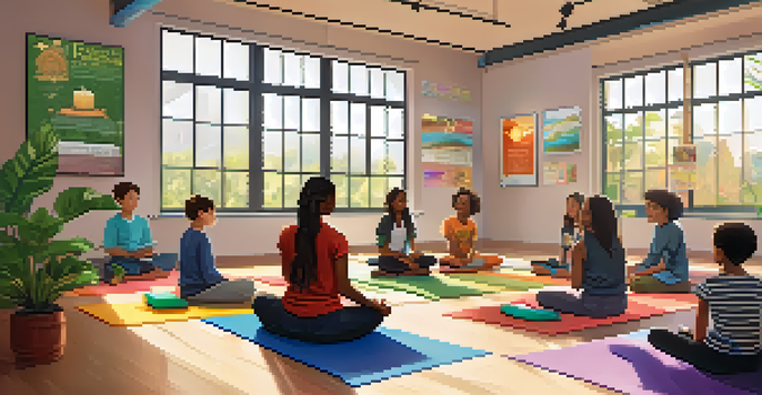 A peaceful classroom with students practicing mindfulness meditation, surrounded by inspirational posters and natural light.