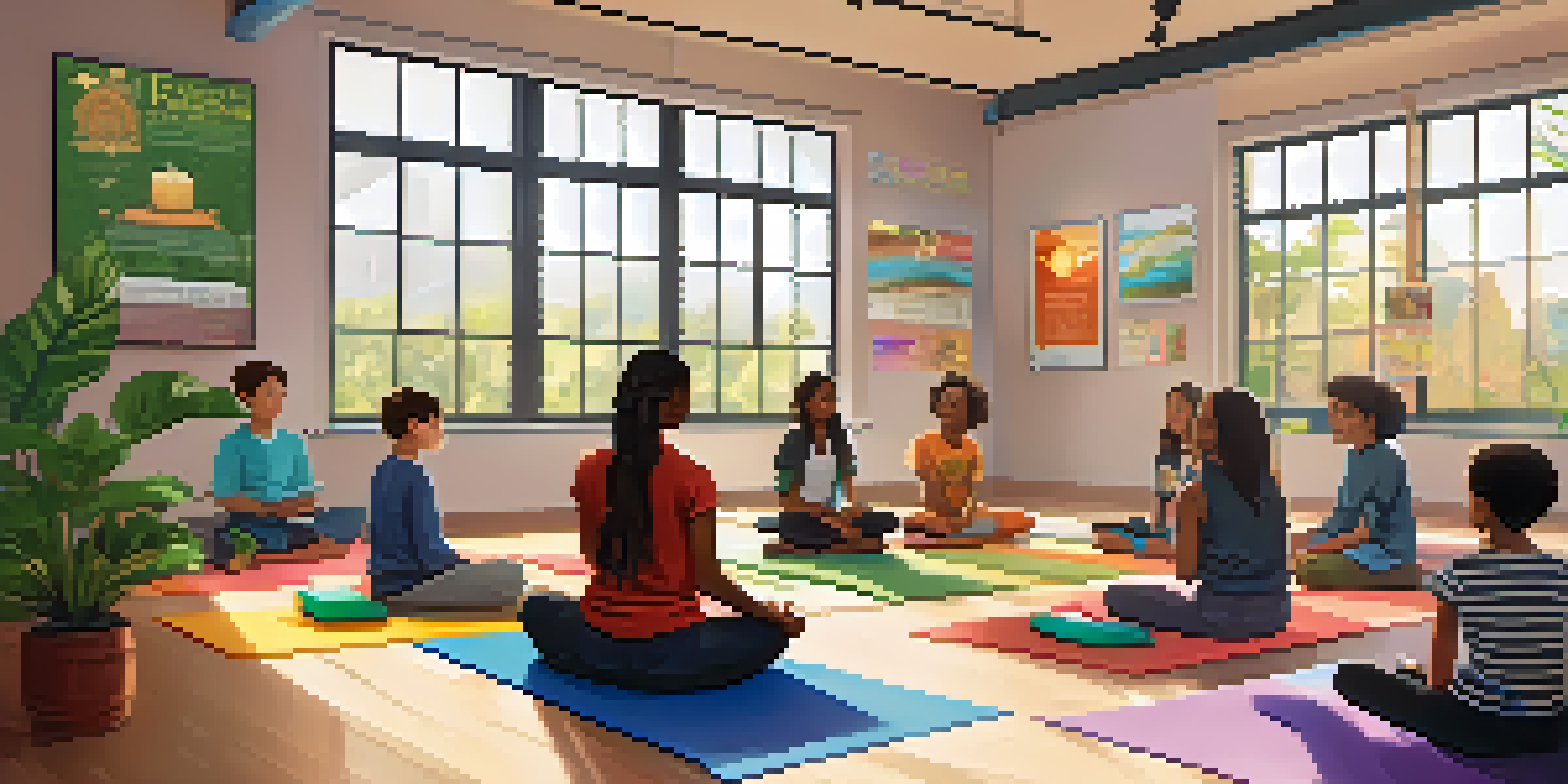 A peaceful classroom with students practicing mindfulness meditation, surrounded by inspirational posters and natural light.