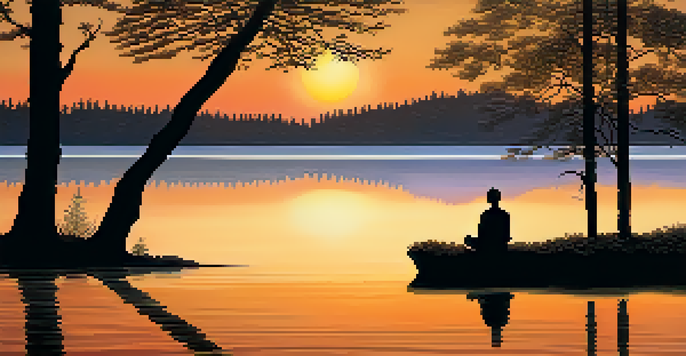 A peaceful scene with a calm lake at sunset, a person meditating by the shore, surrounded by softly illuminated trees.