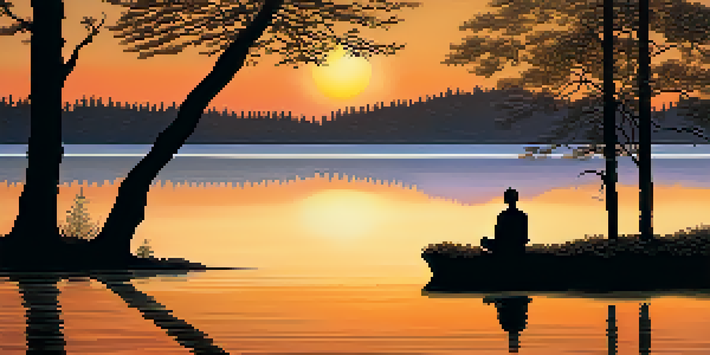 A peaceful scene with a calm lake at sunset, a person meditating by the shore, surrounded by softly illuminated trees.