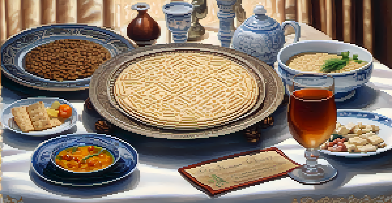 A close-up view of a Passover Seder plate with traditional foods like matzah and charoset, artistically arranged with warm lighting and soft focus.