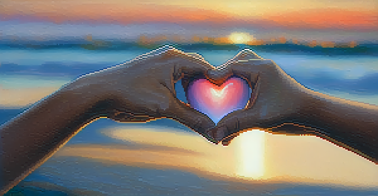 Close-up of hands holding a heart-shaped stone, symbolizing compassion.