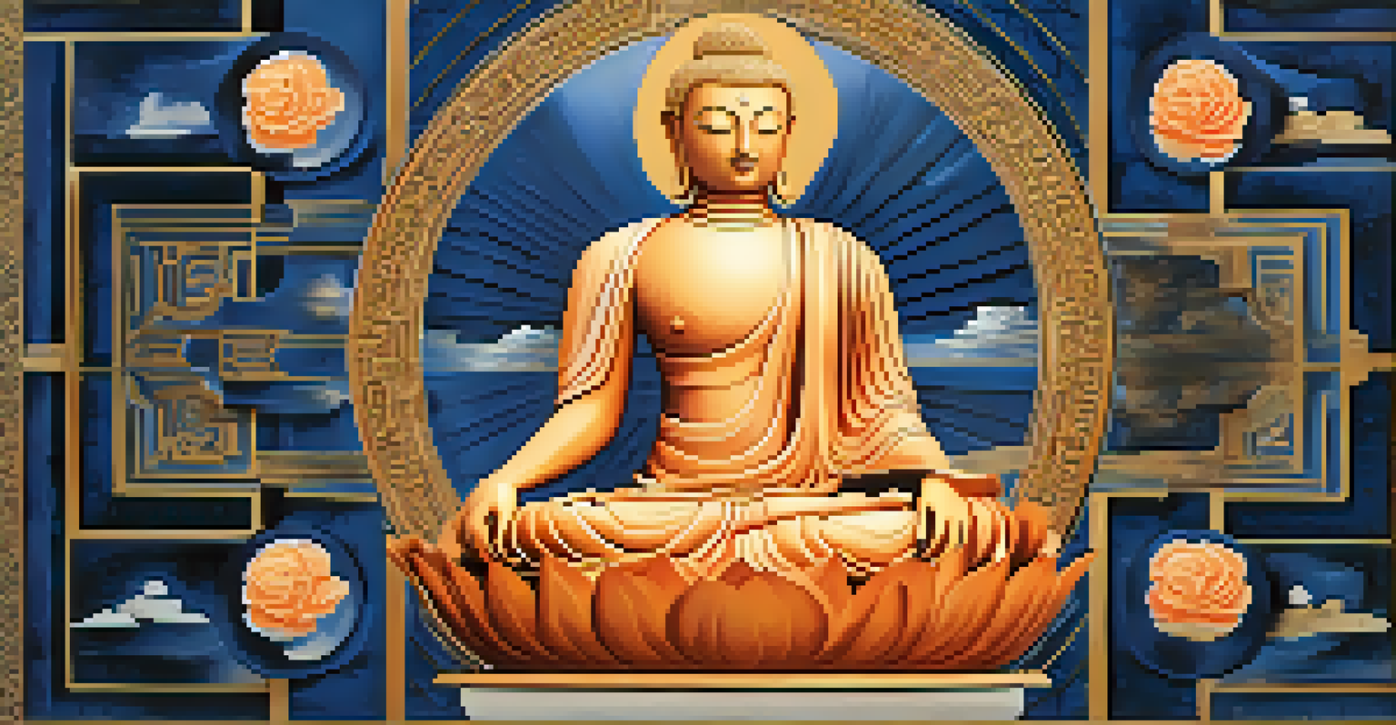 A colorful collage of symbols representing Buddhism and Western philosophy, including a lotus flower and Greek column against a gradient background.