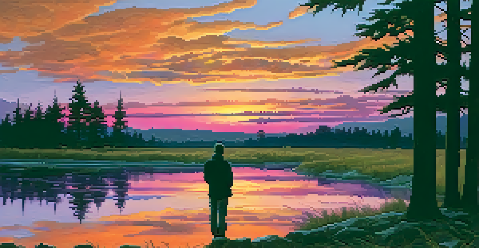 A beautiful sunset with vibrant colors and a person silhouetted against the sky, appreciating nature.