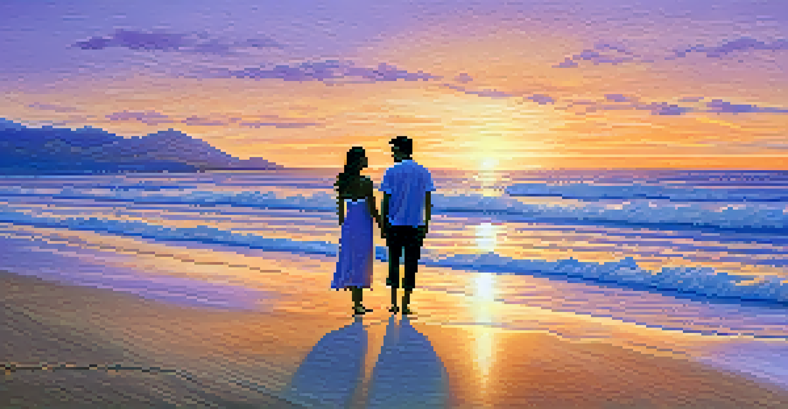 Two figures on a beach at sunset, facing each other, illustrating a moment of understanding and forgiveness.