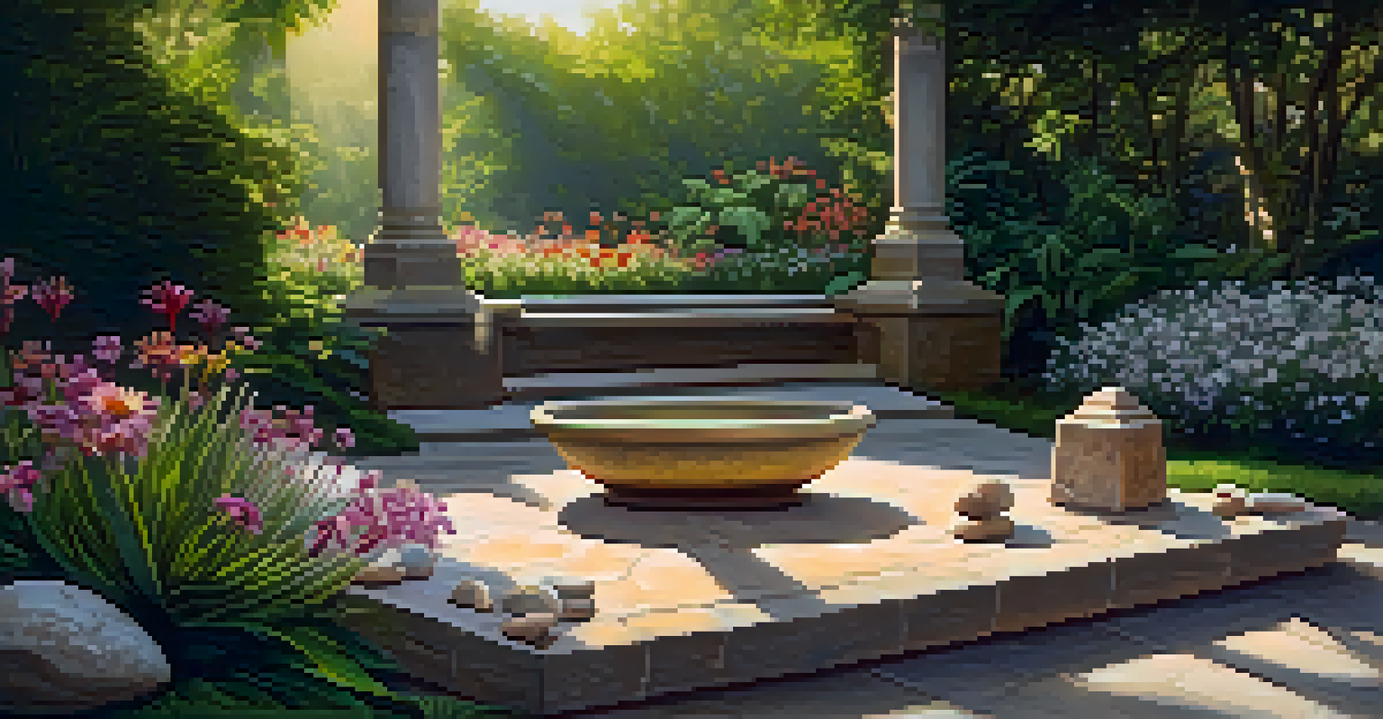 A nature altar in a garden with stones, shells, and flowers, illuminated by sunlight and surrounded by greenery.