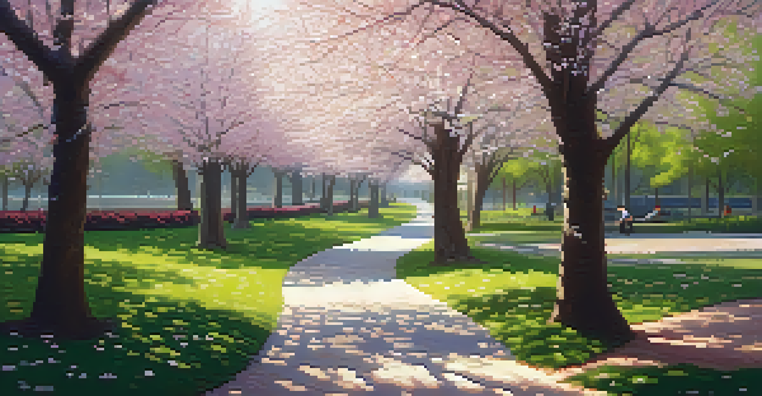 A person walking through a park lined with cherry blossom trees, with petals falling and sunlight filtering through the branches.