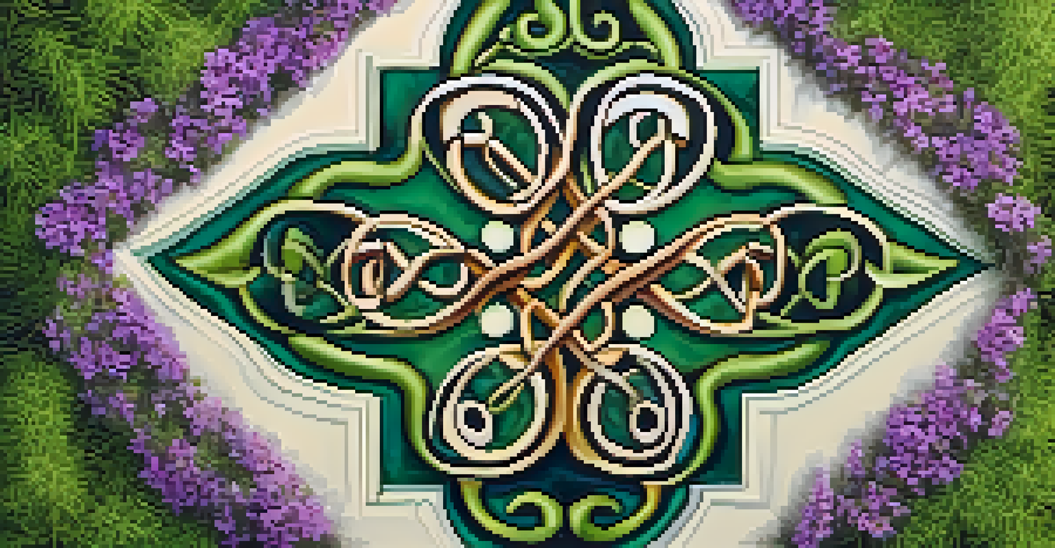 A close-up of a Celtic knot symbol made from twigs and flowers, resting on moss under dappled sunlight.