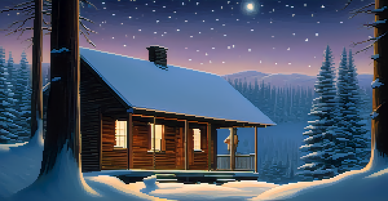 A serene winter scene with a snow-covered meadow, a cozy cabin, and a person gazing at the stars.