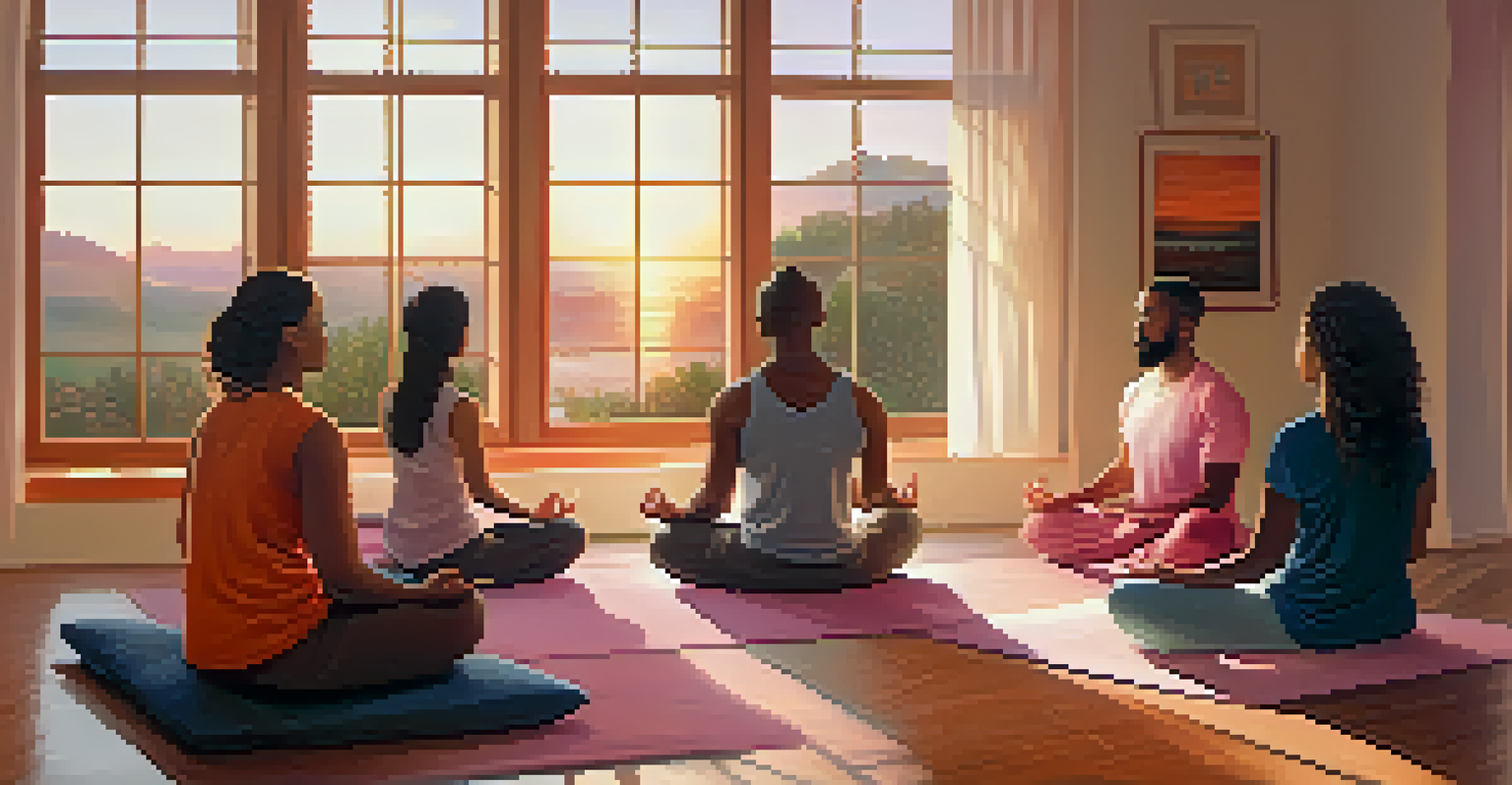 A diverse group of people meditating together in a warmly lit room during sunset.
