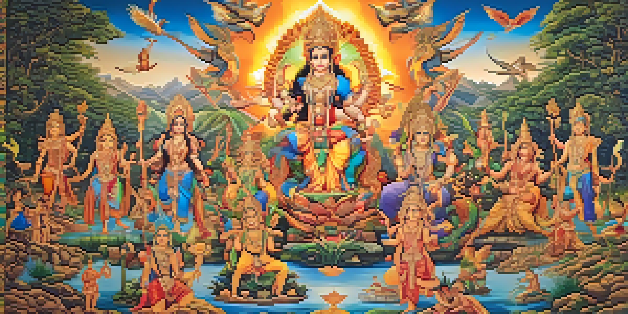 A colorful tapestry showcasing multiple deities from various cultures, symbolizing the belief in polytheism with elements of nature.