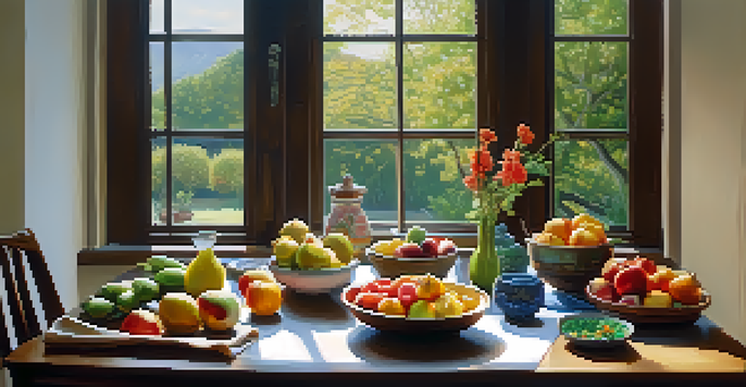 A calm dining setup with a wooden table filled with colorful seasonal produce, rice, and a person about to eat, bathed in soft natural light.