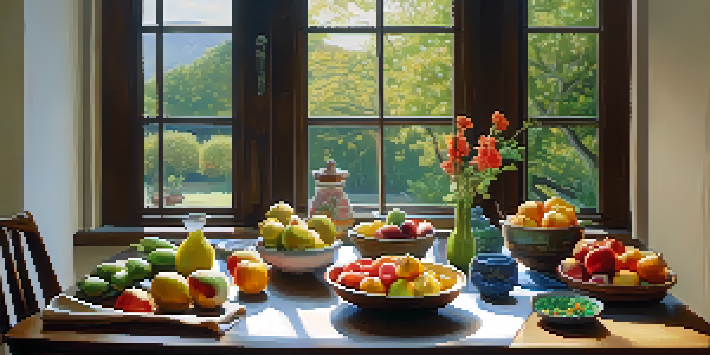 A calm dining setup with a wooden table filled with colorful seasonal produce, rice, and a person about to eat, bathed in soft natural light.