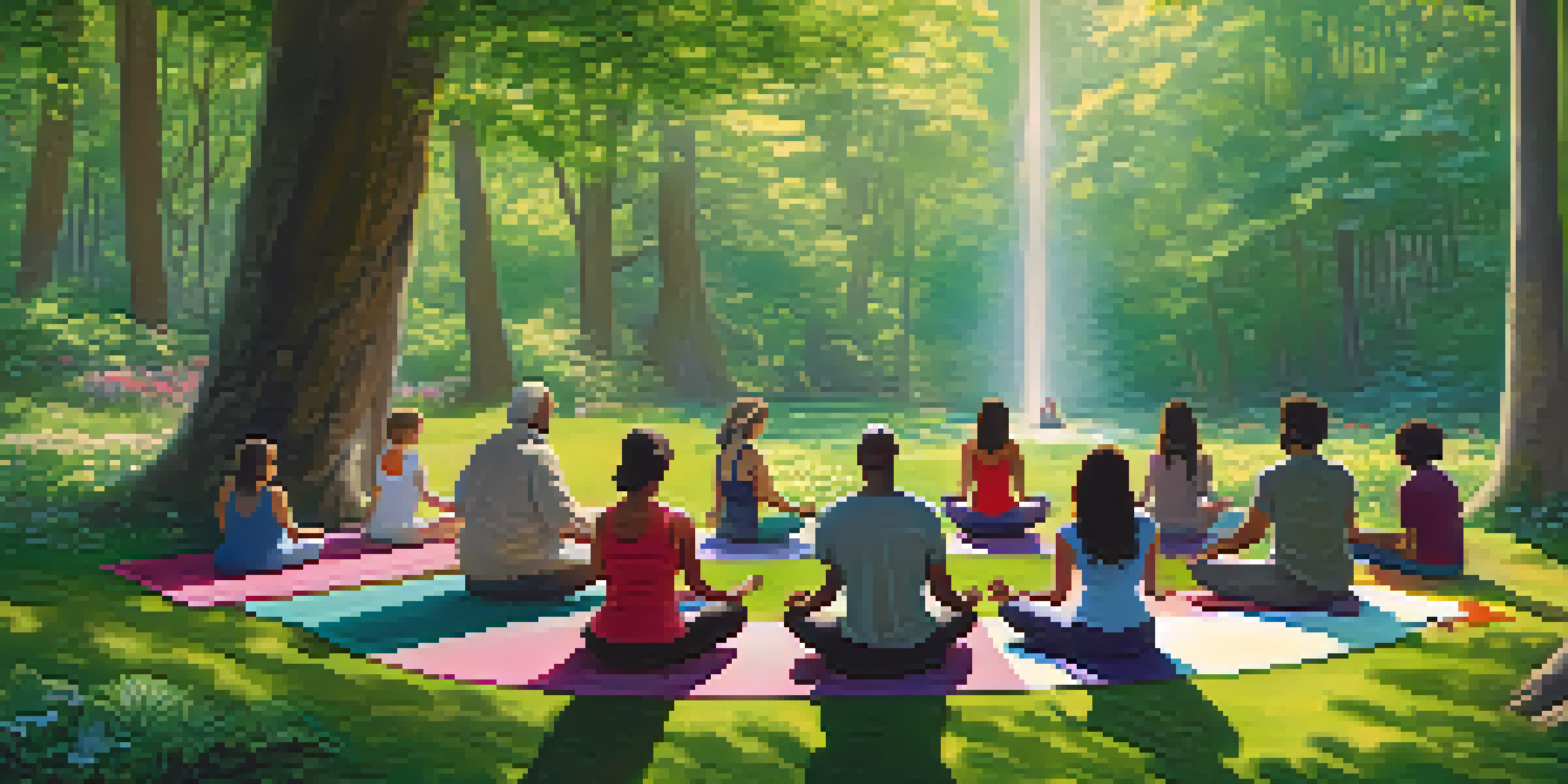 A diverse group of people meditating in a tranquil forest setting, surrounded by greenery and flowers, with sunlight filtering through the trees.