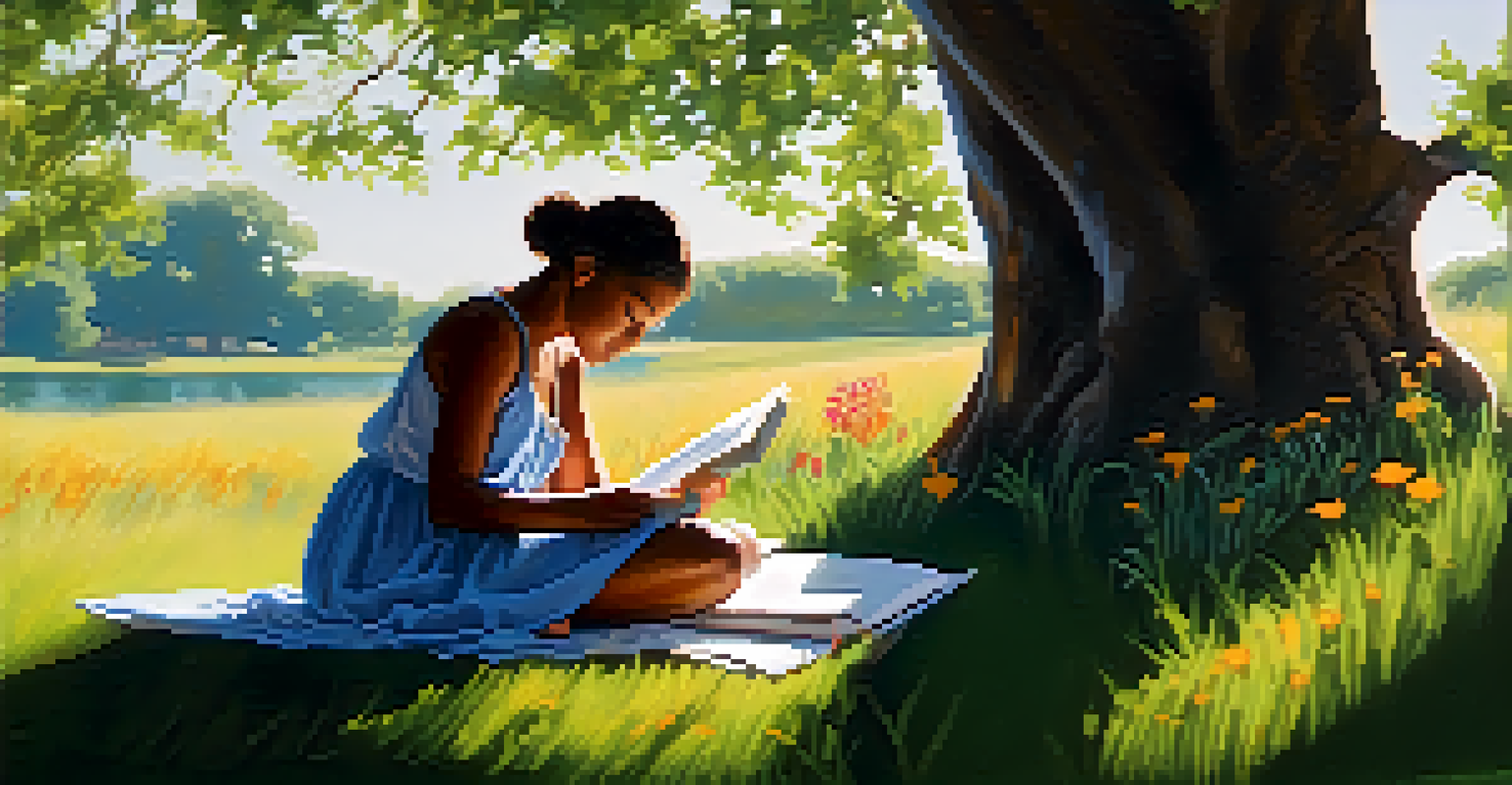 A person sitting under a tree, writing in a journal, surrounded by nature, with sunlight filtering through the leaves.