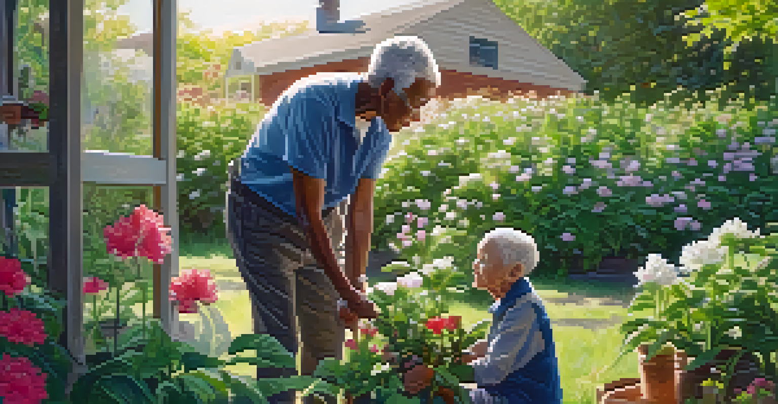 A young volunteer assisting an elderly person in a vibrant community garden filled with plants and flowers.