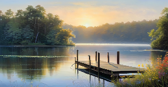 A peaceful lakeside at dawn with mist rising from the water and a wooden dock surrounded by greenery and wildflowers.