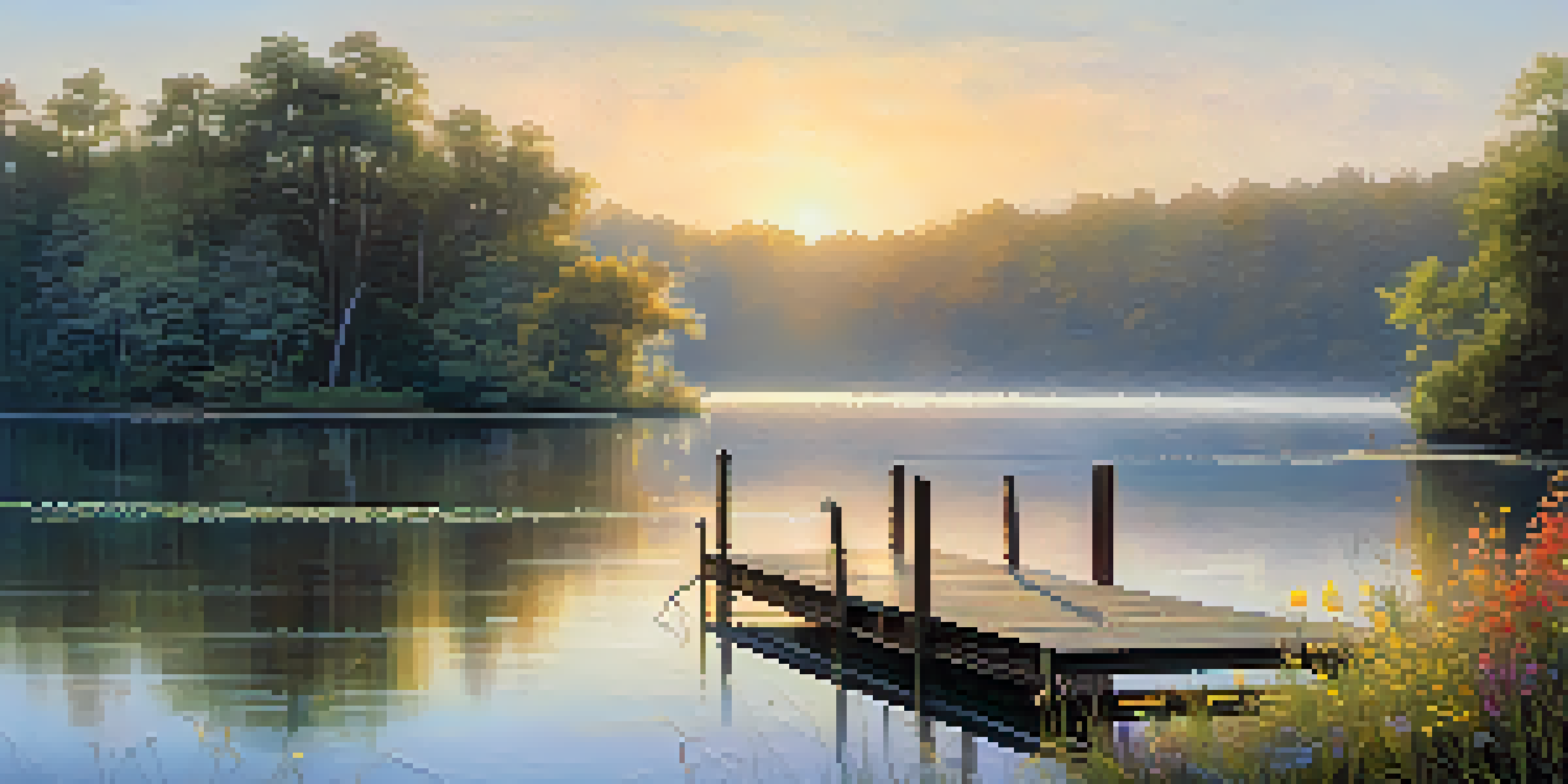 A peaceful lakeside at dawn with mist rising from the water and a wooden dock surrounded by greenery and wildflowers.