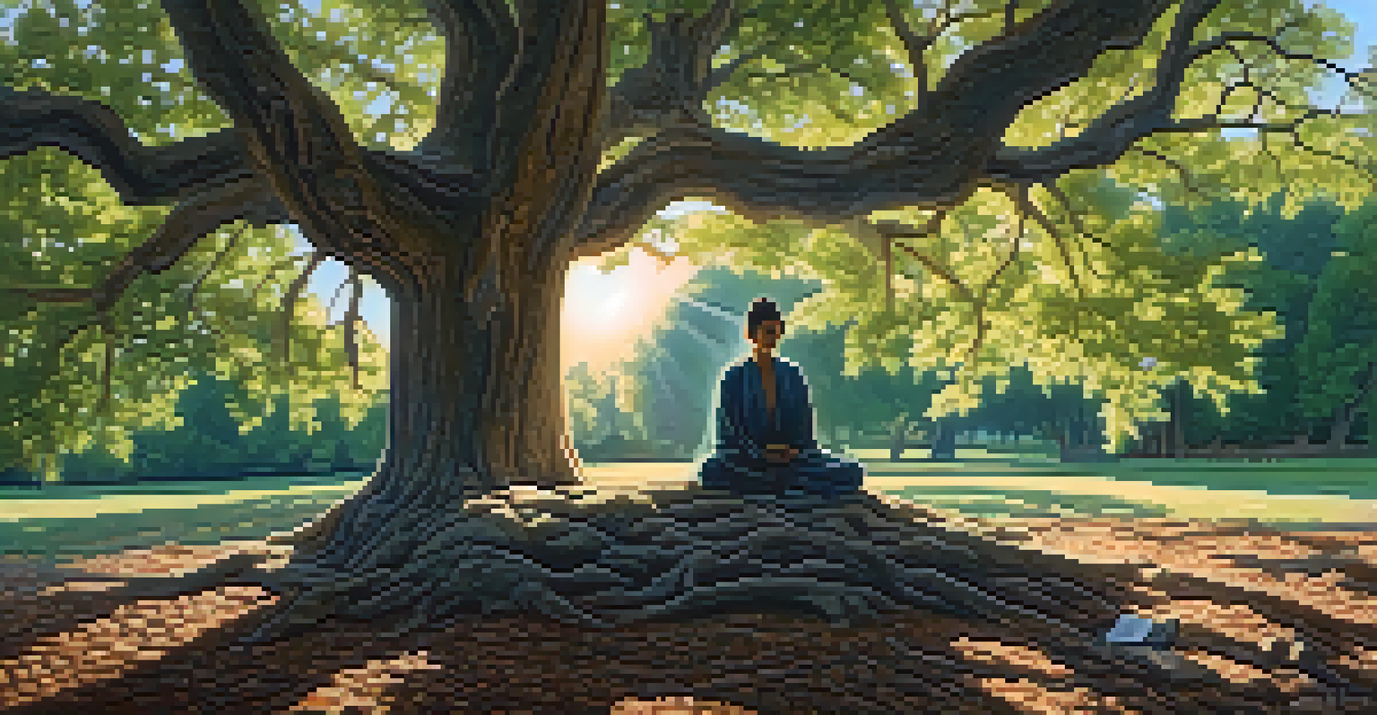 A person meditating under an ancient tree, with sunlight filtering through the leaves and personal items placed at its base.
