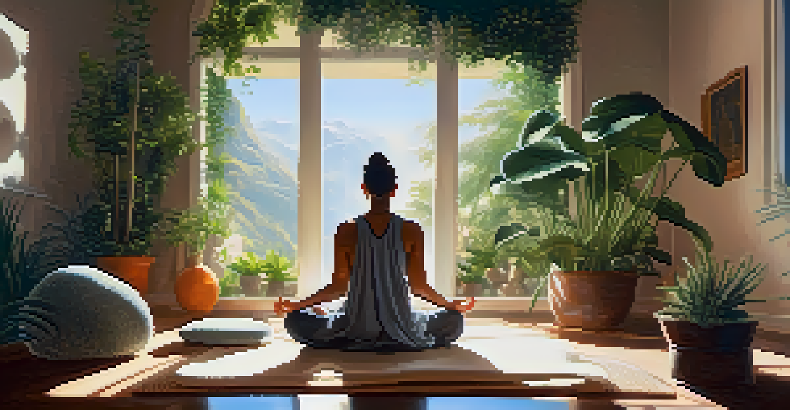 A serene meditation scene with a person sitting cross-legged in a sunlit room surrounded by plants and floating orbs of light.