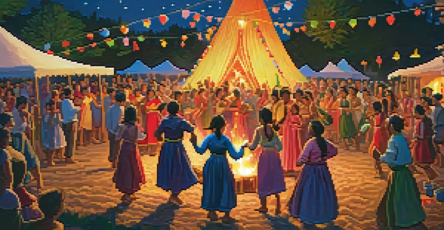 A festive gathering of people dancing around a bonfire at night, decorated with lanterns and colorful garments, celebrating the Summer Solstice.
