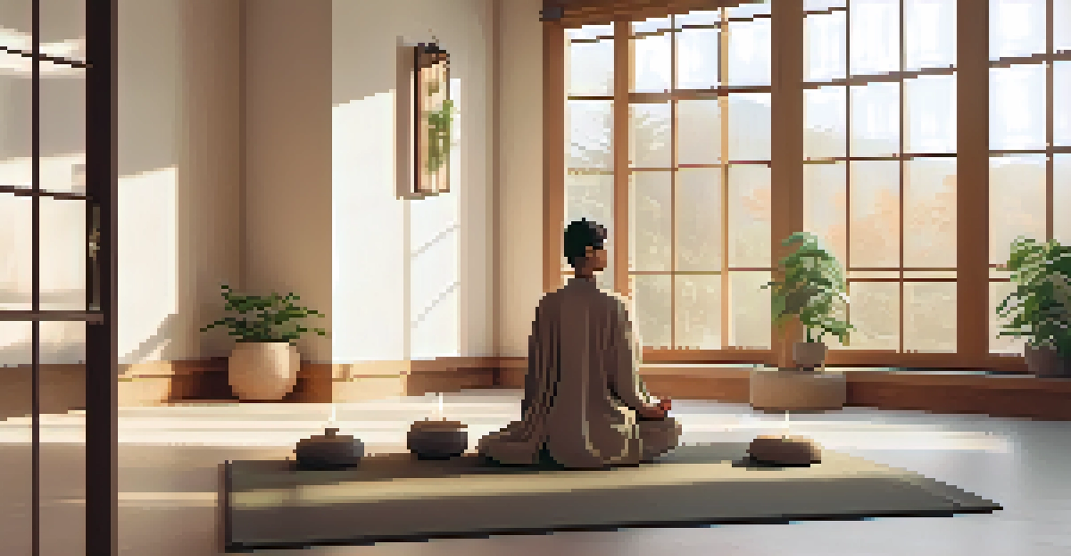 A cozy indoor meditation space filled with natural light, featuring a meditation cushion, a plant, and a candle.
