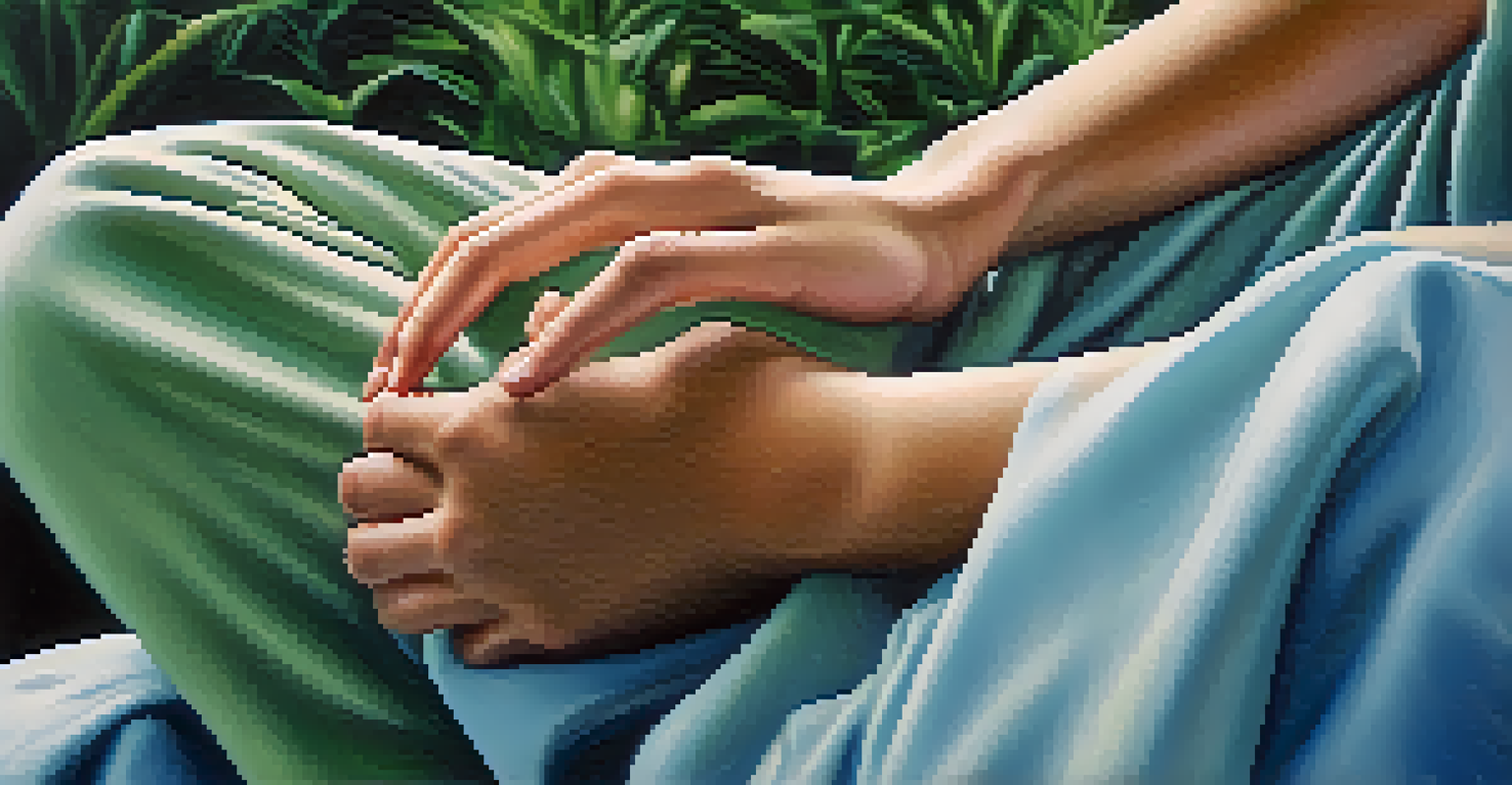 Close-up of hands in a meditative gesture, with a blurred peaceful nature background.