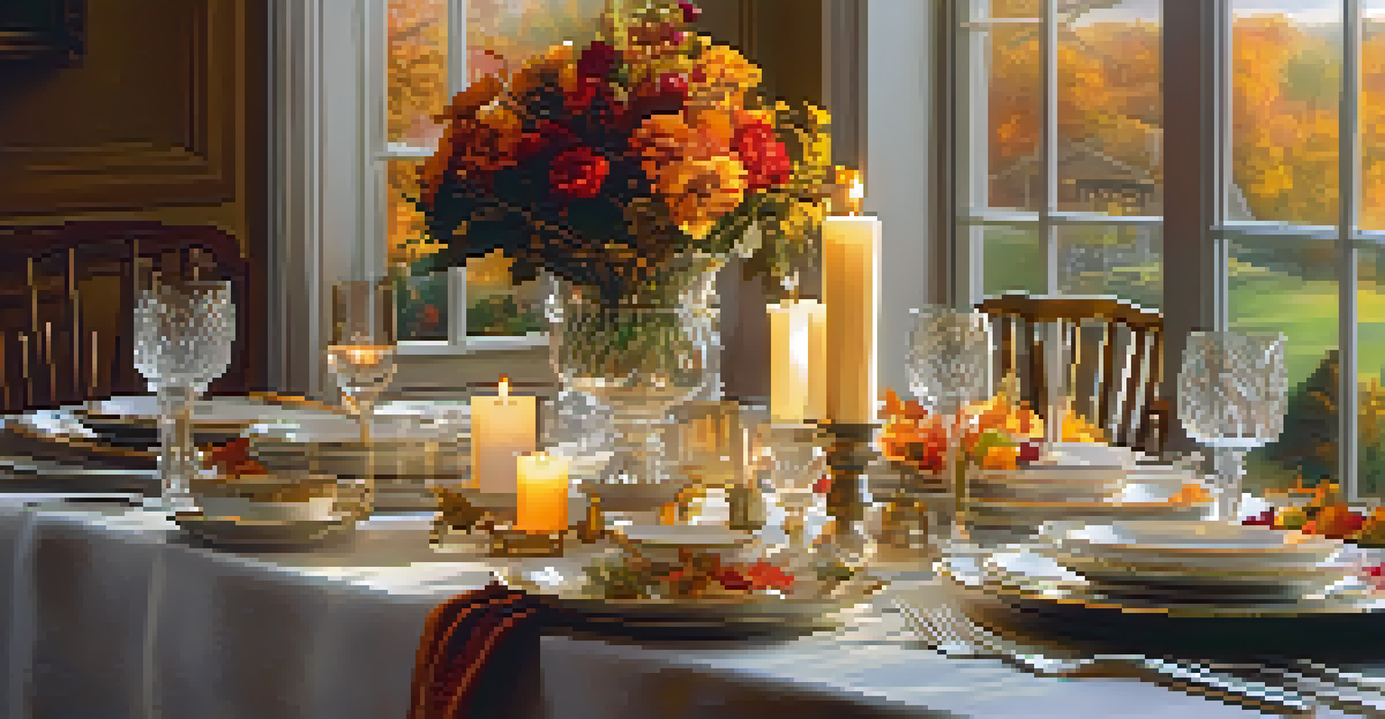 A beautifully arranged table for a gratitude celebration, decorated with flowers and autumn scenery visible through the window.