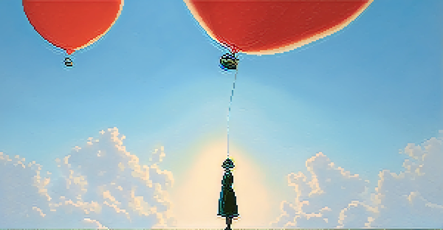 A red balloon floating away into a blue sky, with a silhouette of a person watching below, symbolizing letting go.
