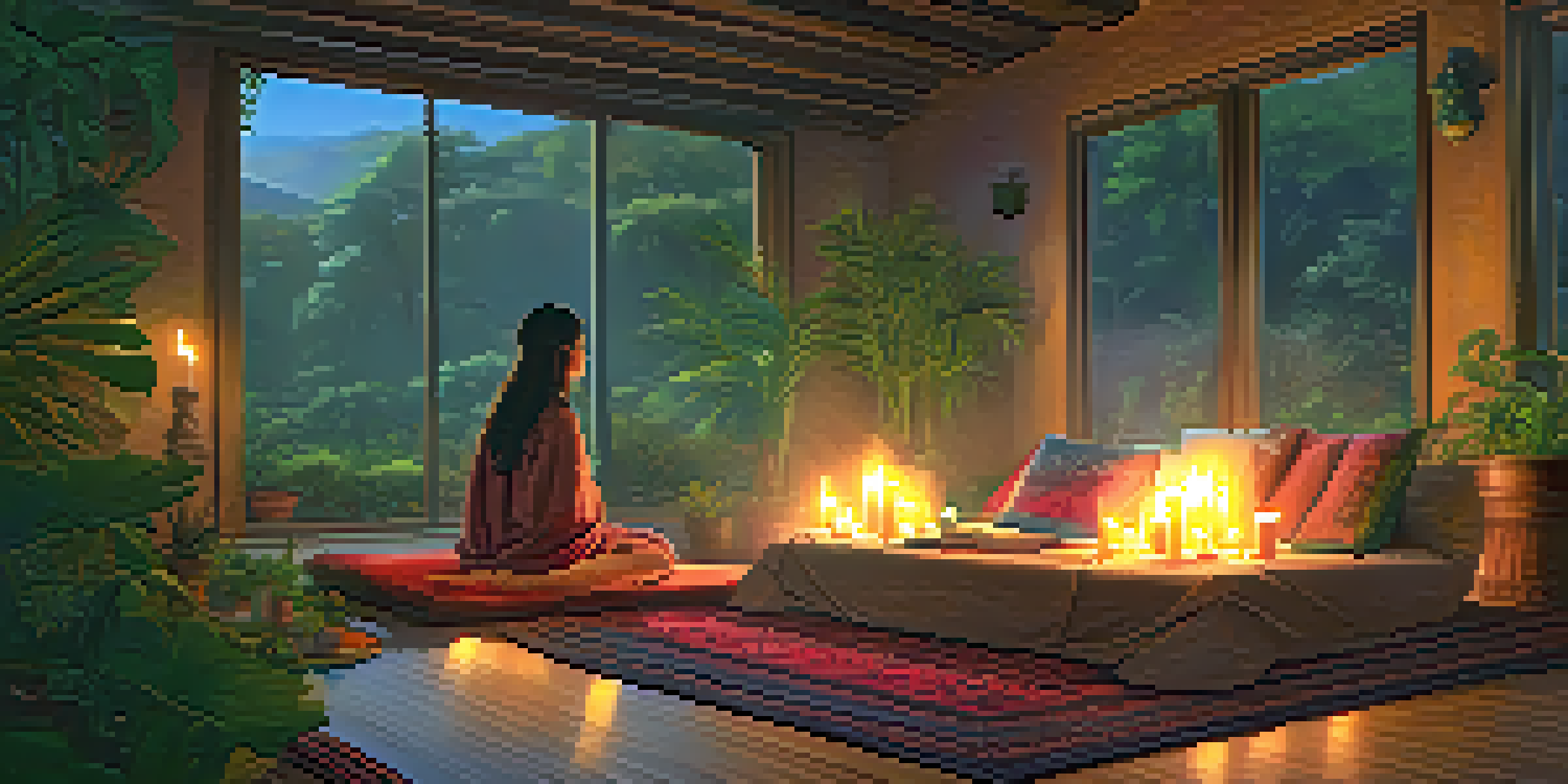 A person meditating in a softly lit room with candles and colorful cushions, creating a tranquil atmosphere.