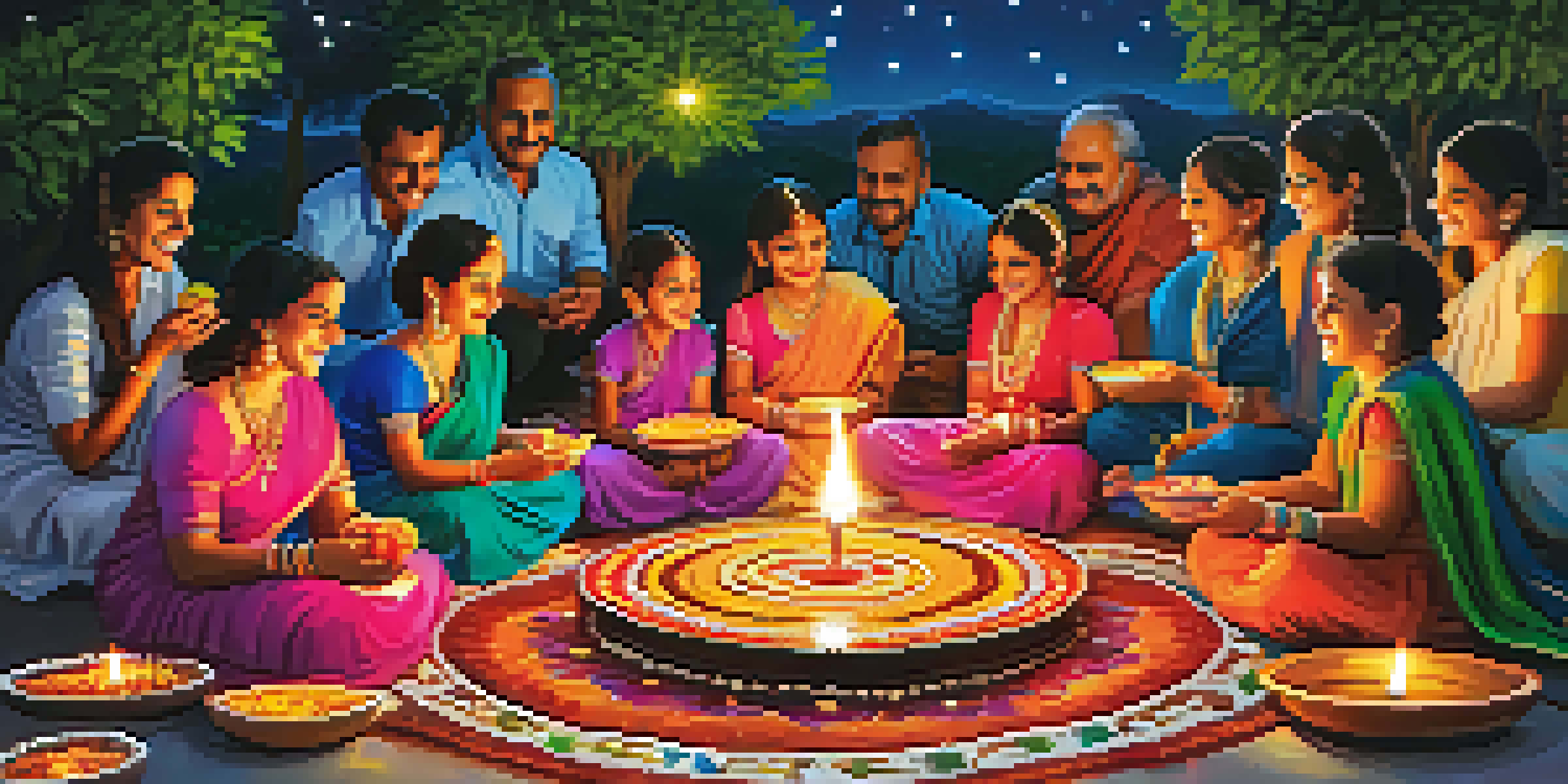 A lively Diwali celebration with colorful rangoli, glowing oil lamps, and families in traditional clothing sharing sweets.