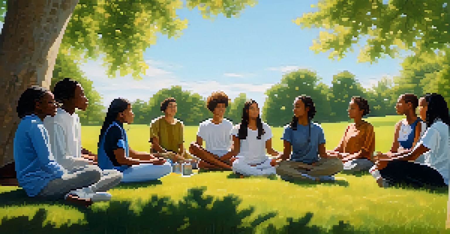 A diverse group of students sitting in a circle, participating in a guided meditation session on a sunny day.
