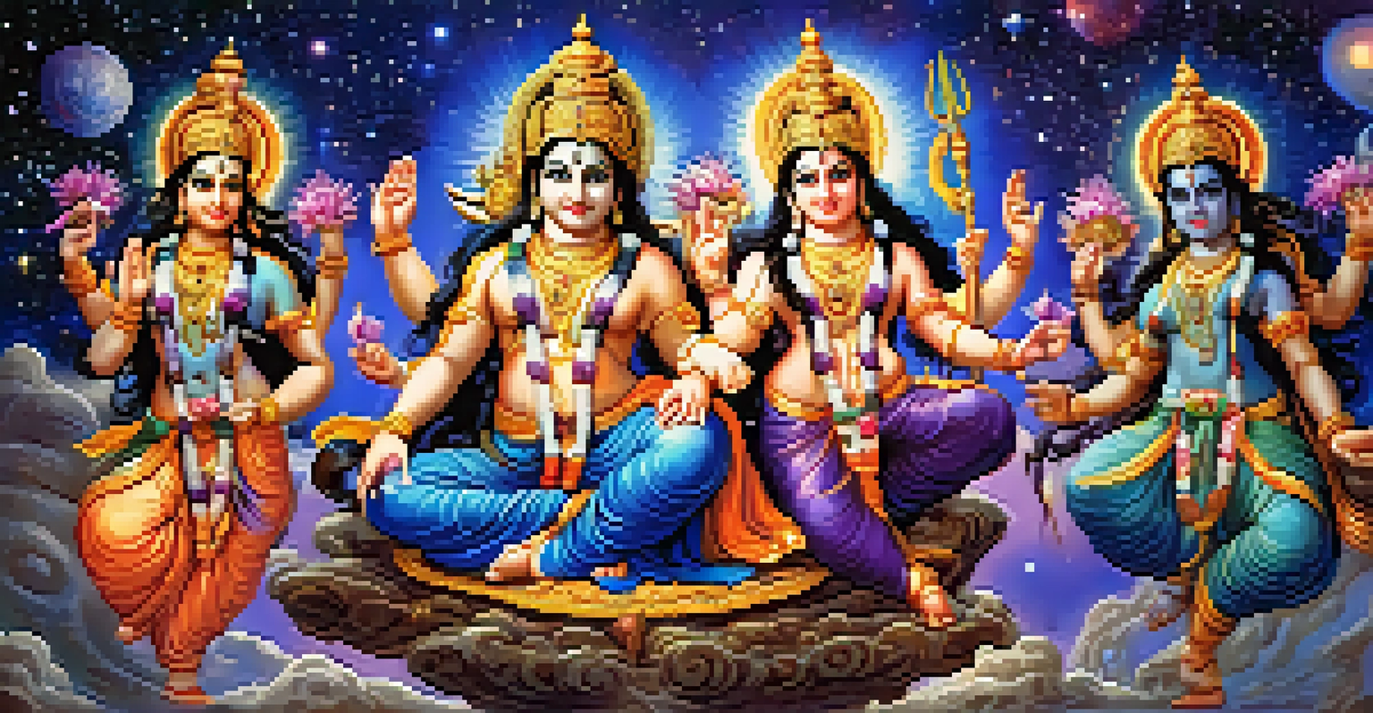 An artistic depiction of Hindu deities Brahma, Vishnu, and Shiva dancing in space, surrounded by galaxies and stars.