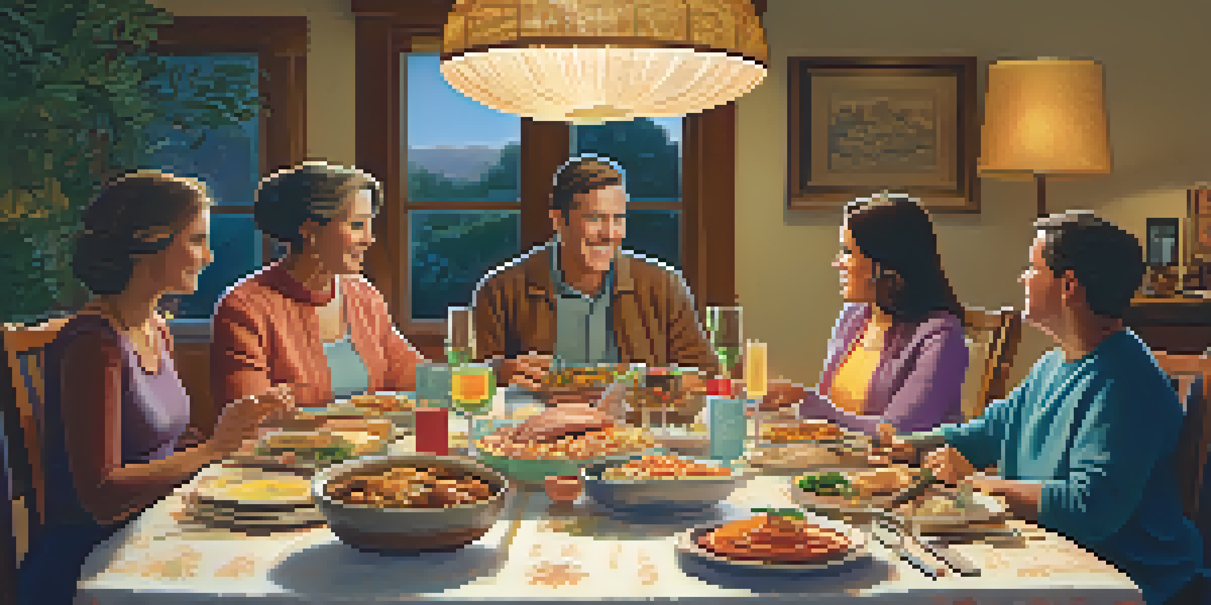 A family gathered around a dinner table, sharing a meal and engaging in conversation in a cozy setting.