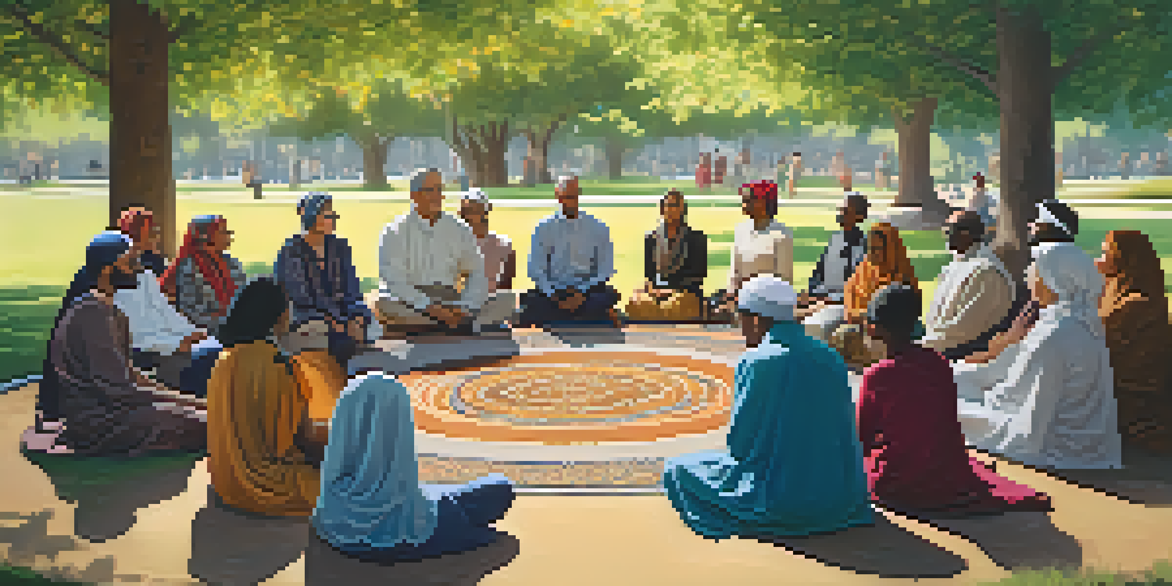 A diverse group of people sitting in a circle, engaged in a discussion in a sunlit park, surrounded by nature.