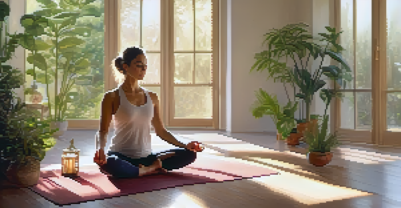 A person practicing yoga in a sunlit room surrounded by plants and candles, creating a peaceful atmosphere.