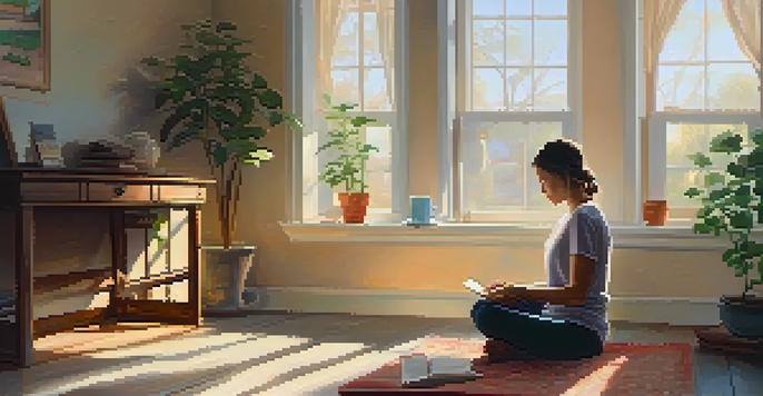 A person meditating in a sunlit corner of a home, surrounded by a plant and a cup of tea.