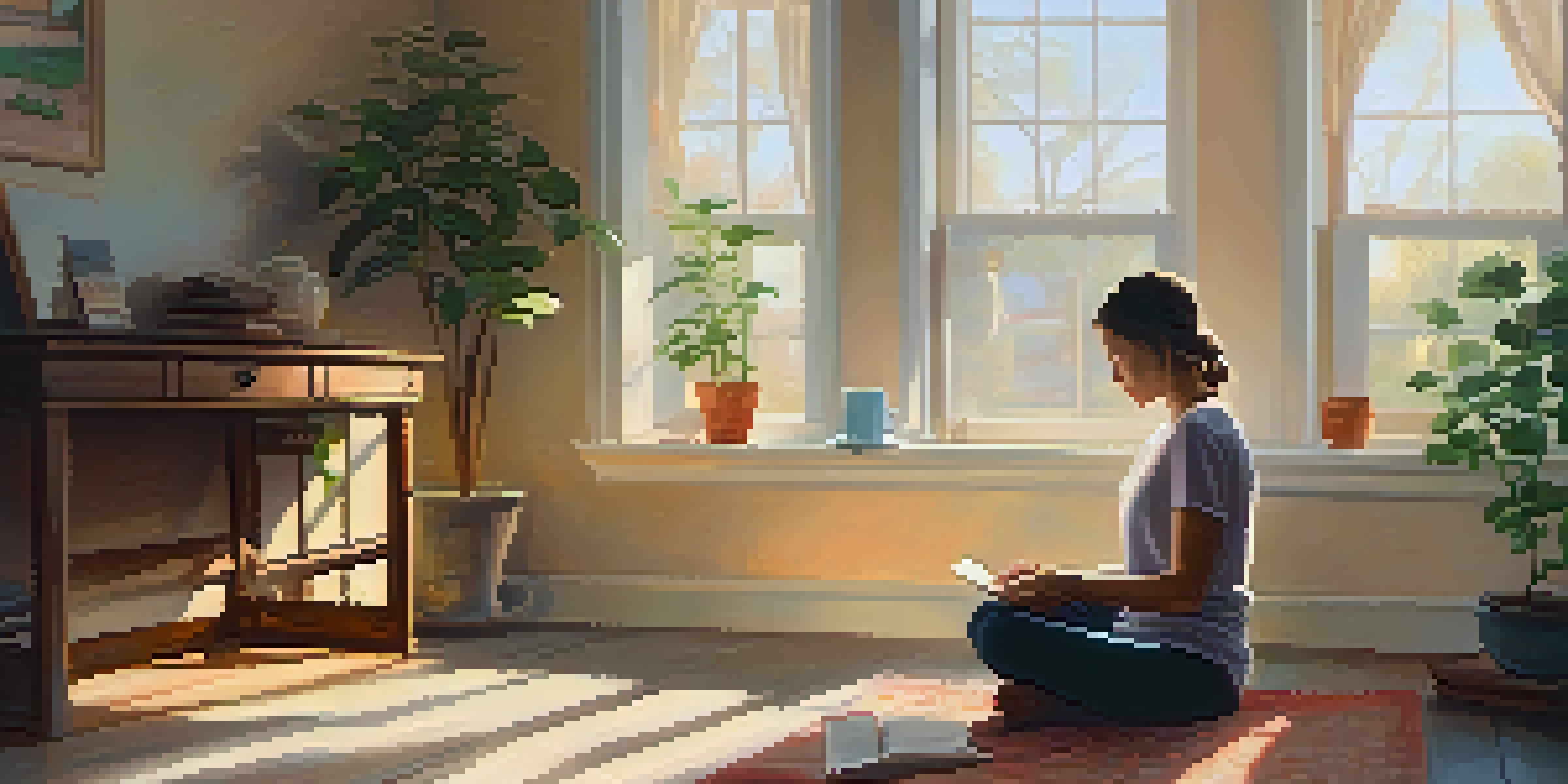 A person meditating in a sunlit corner of a home, surrounded by a plant and a cup of tea.