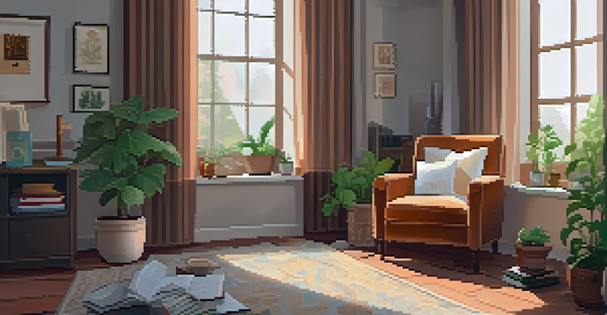 A warm and inviting living room corner featuring an armchair, a cup of tea, books, and plants, illuminated by soft sunlight.