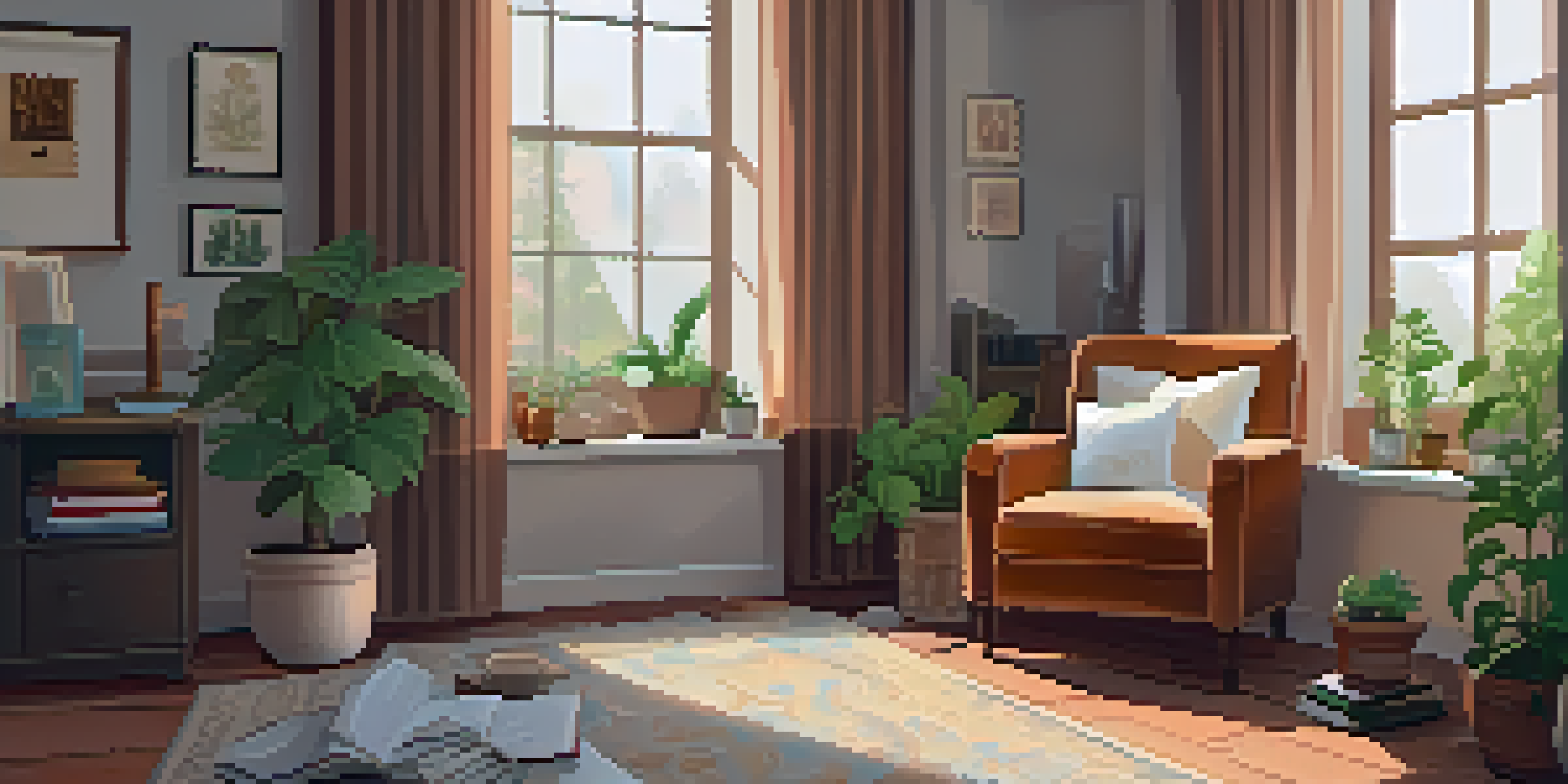 A warm and inviting living room corner featuring an armchair, a cup of tea, books, and plants, illuminated by soft sunlight.