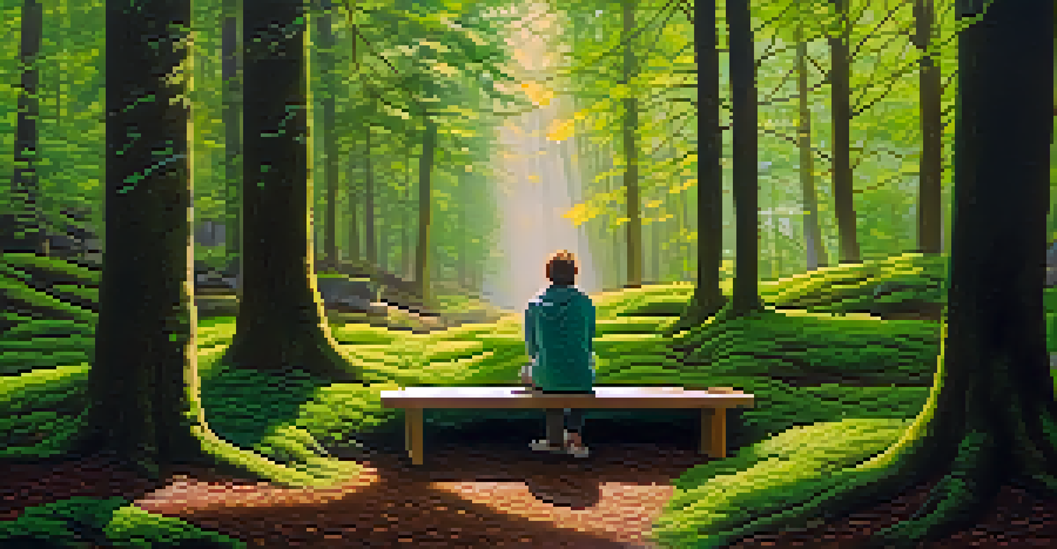 A person sitting on a bench in a forest practicing breathwork, surrounded by green moss and trees.