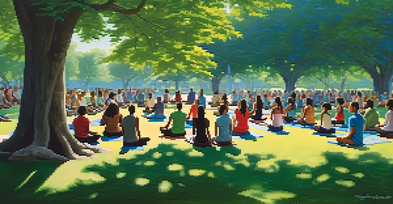Diverse individuals gathered in a park for a group meditation session, surrounded by greenery.