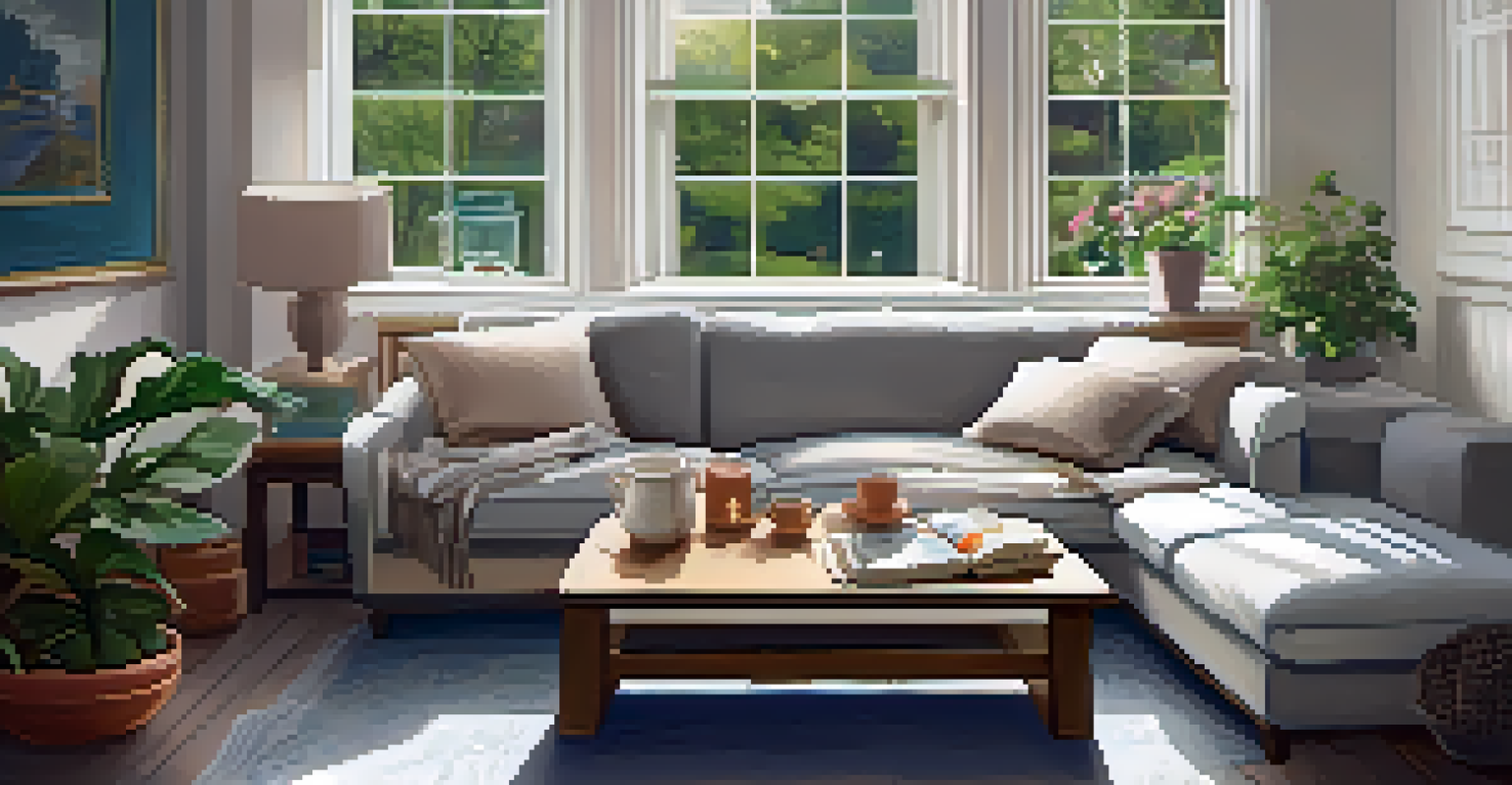 A person journaling in a cozy living room filled with plants and natural light.