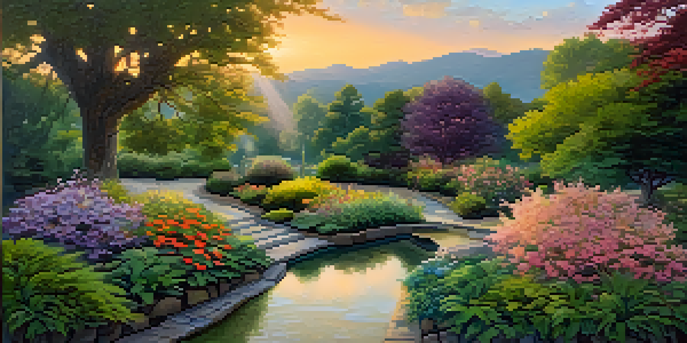 A peaceful garden at sunset with a stone path, vibrant flowers, and a tranquil pond reflecting the colors of the sky.