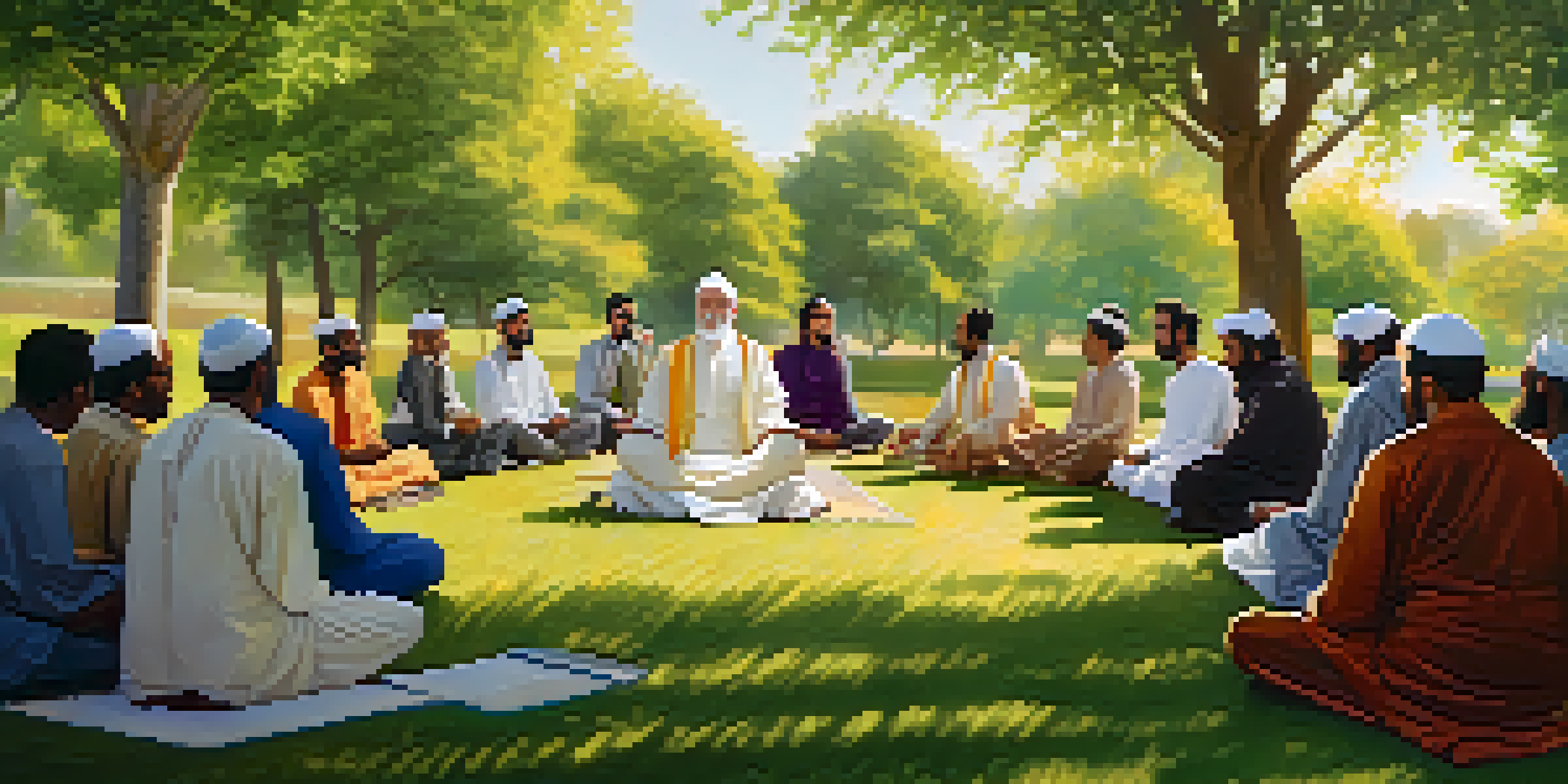 A diverse group of people from various religions sitting together in a peaceful park, engaged in dialogue and listening to each other.